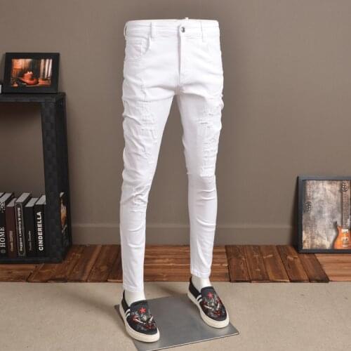 Fashion Men Skinny Jeans Streetwear Elastic White Distressed Pants for Cowboys