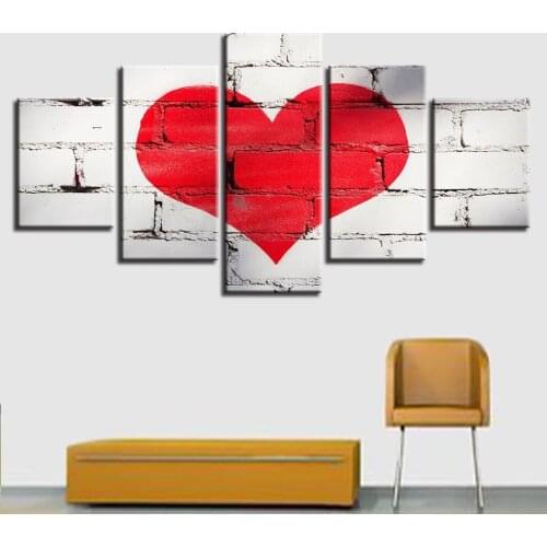 Modular Pictures Canvas Wall Artwork 5 Panel Red Love Heart Graffiti Paintings Printed Poster Living Room Home Decoration Frame