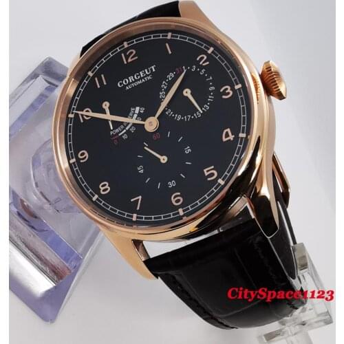 Corgeut mens watch 42mm Rose gold case black dail automatic mechanical wristwatches power reserve date waterproof
