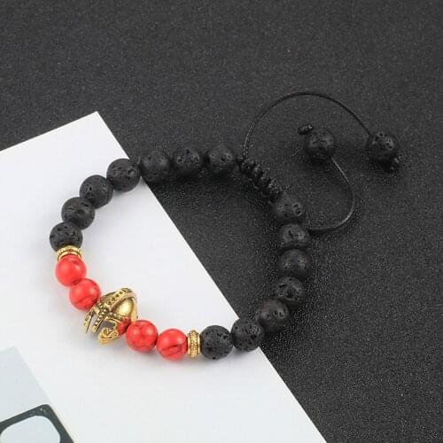 Men High Quality Braided Bracelets Roman Warrior Gladiator Golden Helmet Bangle Natural Lava Stone Beaded Bracelet Women Jewelry