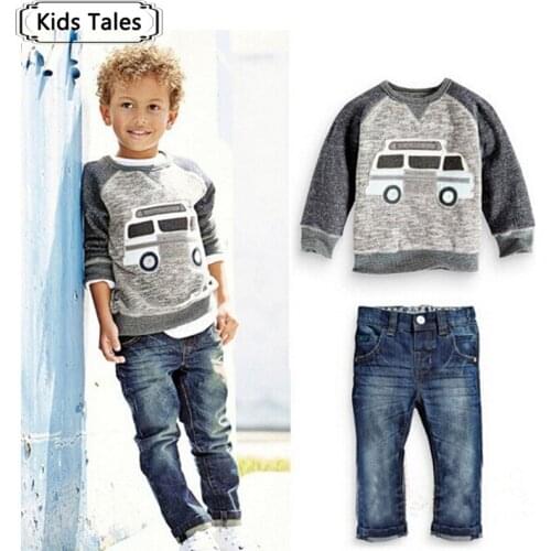New 2020 Retail Kids Set Cartoon Car pattern fashion costume boys sets T-shirt + jeans 2 pcs. Children clothes ST160