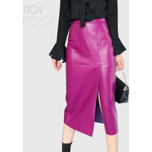 Novmoop high street fashion style women spring black purple-red color sheepskin genuine leather skirt jupe femme falda LT3029