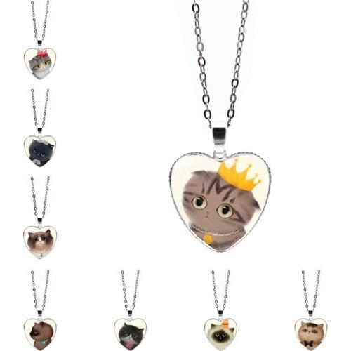 New Cute Little Kitten Heart Necklace 2016 Heart Pendant Glass Jewelry Fashion Heart Shaped Necklaces