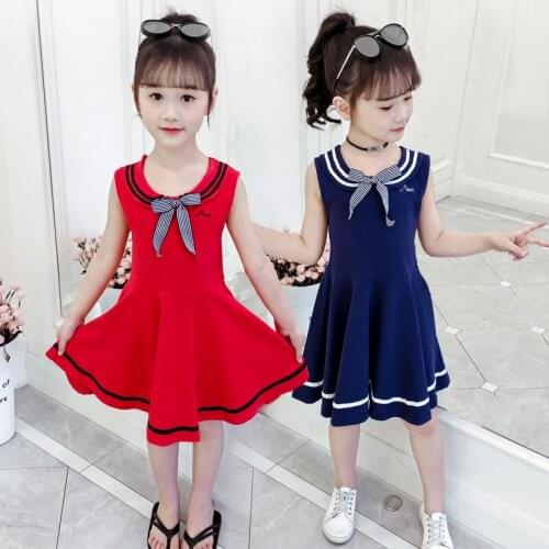 3-13 Years Children Girls Navy School Wind Style Summer Dress Sleeveless Princess Wind Dress Kids Clothing Bow Lovely Clothes
