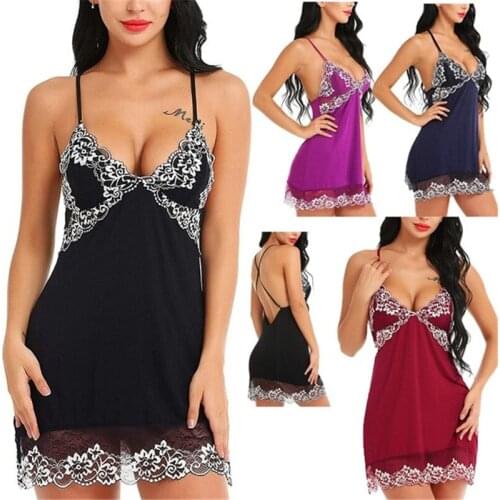 Drop Shipping Women Lace Lingerie Sleepwear Chemises V-Neck Full Slip Nightgown Dress S-2XL