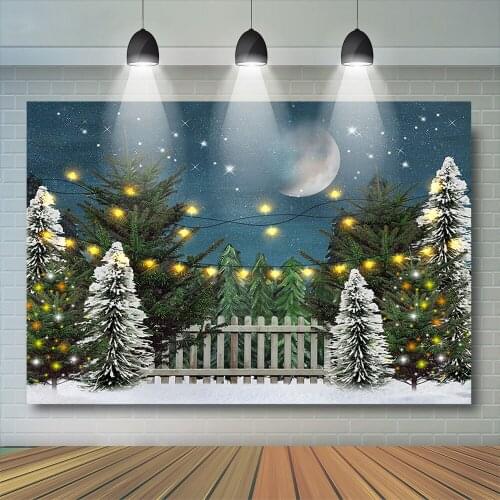 Christmas Moon Party Background Night Sky Stars Night Backdrops Christmas Forest Fence Photobooth Decoration Photocall