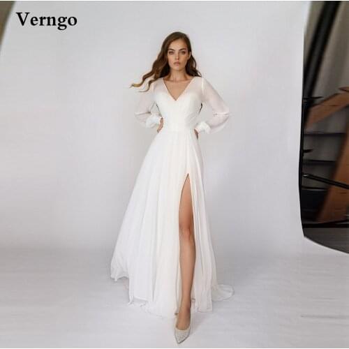 Verngo Simple A Line Chiffon Beach Wedding Dress With Long Sleeves V Neck Side Slit Bridal Gowns Plus Size Women Dresses 2021