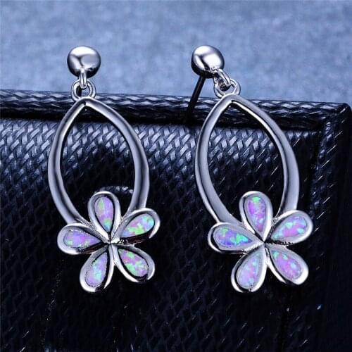 Cute Female Flower Stud Earrings Vintage Silver Color Double Earrings For Women Boho White Blue Fire Opal Earrings