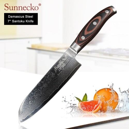 SUNNECKO 7" Santoku Knife Damascus Japanese VG10 Steel Blade Chef Kitchen Knives Sharp Meat Cutter Tools Pakka Wood Handle