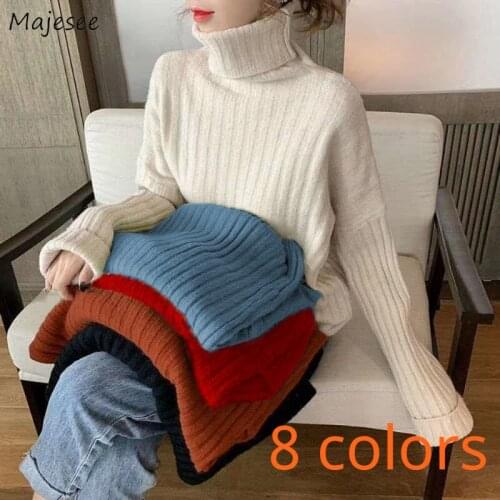 Turtleneck Sweater Women Solid Blue Korean Preppy Style Basic Simple Vintage Chic Popular Harajuku Unisex Couple Boyfriend Tops