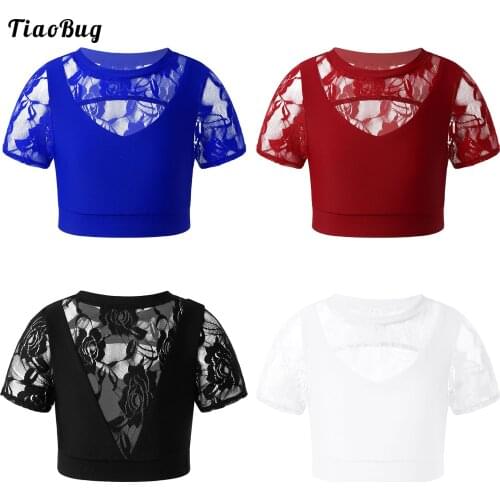 TiaoBug Summer Kids Girls Crop Top Round Neck Short Sleeve Hollow Out Embroidered Lace Running Yoga Fitness Sport T-Shirt