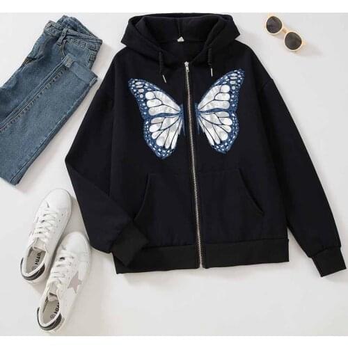 Zipper Hoodie Fashion Korean Style Hoodie Sweatshirts for Teen Girls Butterfly Print Long Sleeve Autumn Winter Outwear Women