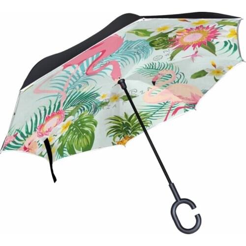 Fresh Flamingo Windproof Reverse Umbrella Double Layer Long Shank Inverted Creative Customized Rain Protection Travel Size