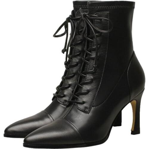 New Style Microfiber Womens Derma Fashion Boots Super Stretch Comfortable Cross Tied Stilettos Lady Pointed Ankle Boots