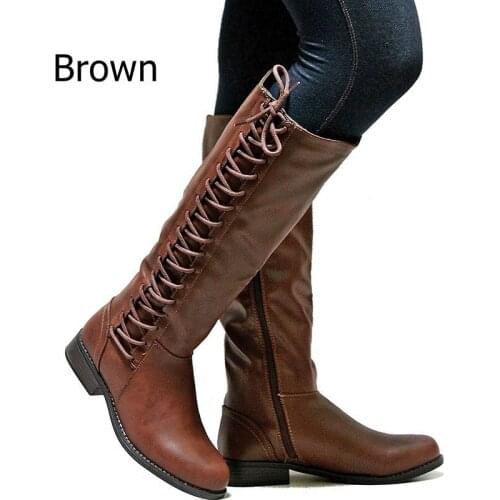 Fashion High Quality Shoes Woman Over The Knee Boots Female Square Heels Lace Up Cowboy Long Boots Motorcycle Horse Riding Botas