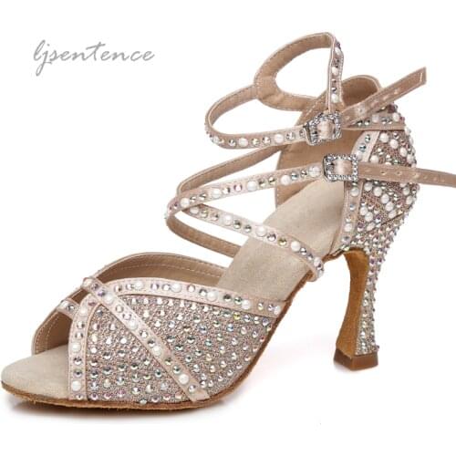 Dance Jazz Shoes Latin Dance Shoes For Women Salsa Latin Shoes Girls Ballroom Black Gold White Cuban Heel Rhinestone 2020 Latest