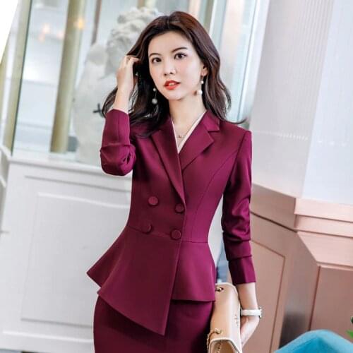 2019 Spring Autumn Women Red Elegant Office Lady Jacket Work Suit Casual Slim Ruffled Double Breasted blazer solid Skirt suit