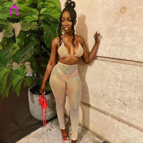 Fishnet Women 2 Piece Set Halter Crop Bra High Waist Pencil Pants 2021 Summer Beachwear Outfits Sexy Hollow Out Bikini Cover-ups