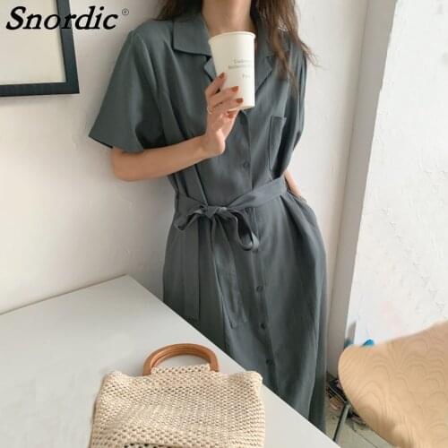 2021 New Women Summer Long Shirt Dress Sashes Vintage Cozy Single Breasted Slim Waist A-line Maxi Sundress