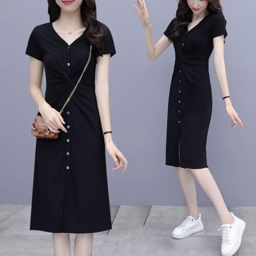 2021 New Casual Button OL Vestidos Cotton Female Robe Womens Short Sleeve Summer Folds 3XL V-Neck Mid Lady Black Gray Dresses