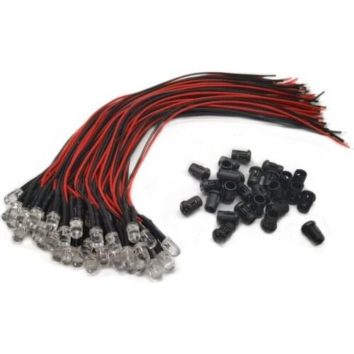 10-100pcs 3mm/5mm Red/Green/Blue/RGB white UV DC12V Round Pre-Wired Water Clear LED With Plastic Holder