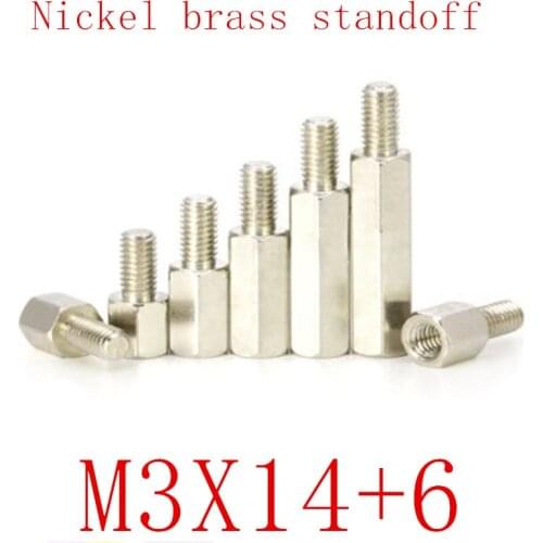 100PCS m3x14+6 Male to Female nickel Brass Standoff Spacer M3 Hexagonal Stud Spacer Pillars
