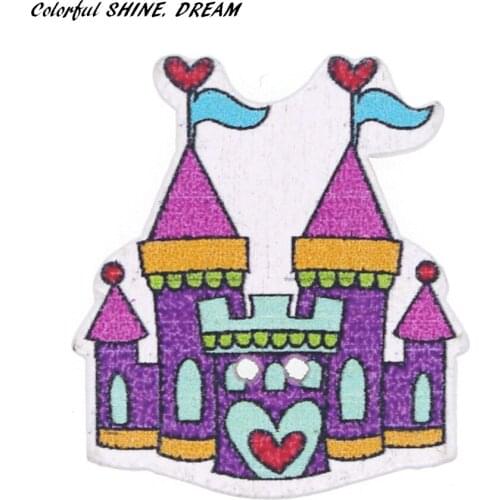 12pcs Wood Buttons Mixed Color Castle Shape Sewing Button Scrapbooking Embellishments Crafts Decorative 30X27mm