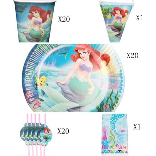 62pcs 20 person happy birthday kids mermaid baby girl shower party decoration set banner table cloth straws cup plates supplier