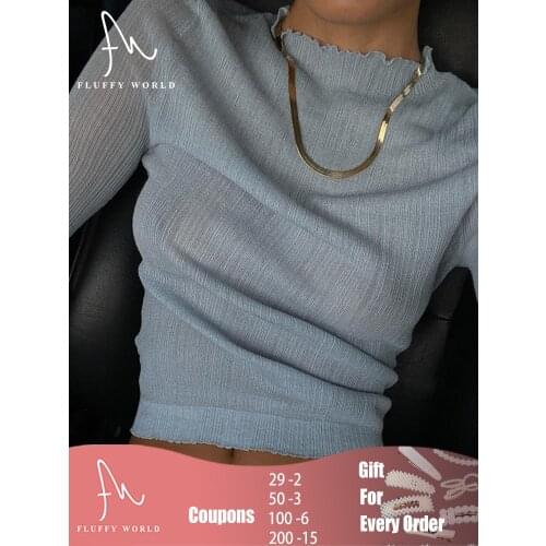 Sexy Women T Shirt Solid Color Ruffle See Through Long Sleeve Women Tops Elegant Short Tees Slim T-Shirts Clothes Autumn 2021