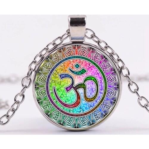 Indian Sanskrit OM Symbol Necklace OHM OM AUM Buddha Lotus Silver Plated Flower of Life Mandala Art Glass Chain Jewelry