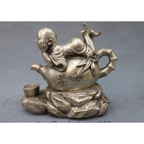 Chinese White Copper Silver bamboo Boy statue Flagon Kettle Wine Tea Pot