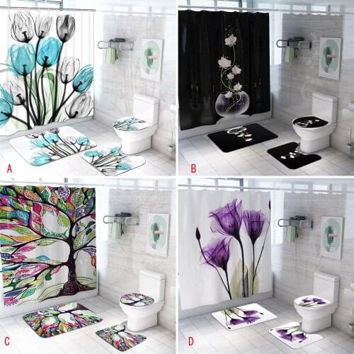 Fashion 3d Colorful Tulip Lotus Flowers Shower Curtain Simple Waterproof Bathroom Set Non-Slip Rugs Toilet Lid Cover Bath Mat