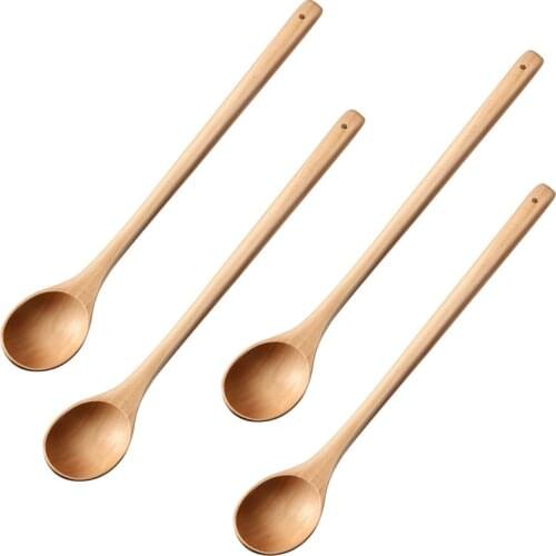 A Set of 4 Long Mixing Spoons for Cooking, Household Spoons for Childrens Spoons, Wooden Spoons