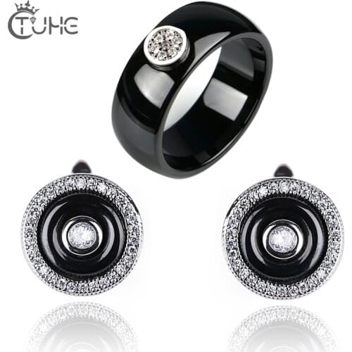 2018 New Womens Zircon Round 8mm Rings Circle Earrings Wedding Jewelry Set Never Fade Healthy Ceramic Jewelry Sets for Gift