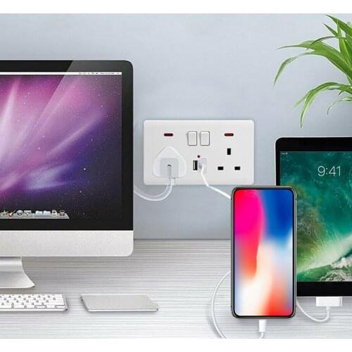 Uk Plug Wall Switch Double Sockets 2 Gang 13a With 2 Usb Charging Ports Black Usb Stecker Заглушки В Розетки