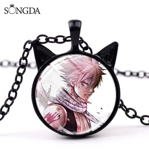 Fairy Tail Characters Anime Cat Ear Pendant Necklace Photo Glass Cabochon 3 Color Chains Necklace For Women Men Jewelry