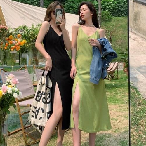 Sexy Womens Dress Sling Long Dresses V-neck Slit Party Dress Summer Fashion Clothing Women