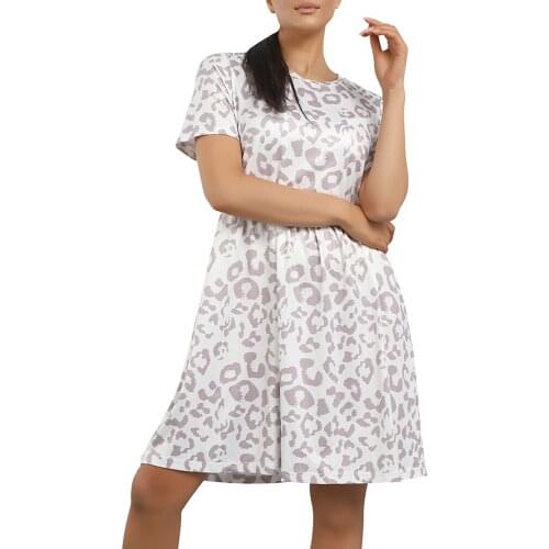 Short Sleeve Swing Mini Dress Leopard Print T-Shirt Dress Women Summer Plain Crew Neck Casual Loose Pullover Tunic Tops D30