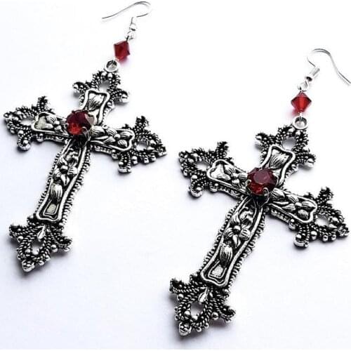 Large Detailed Cross Drill Jewel earrings Silver Color Tone Gothic Punk Jewellery Fashion Charm Statement Women Gift(Red