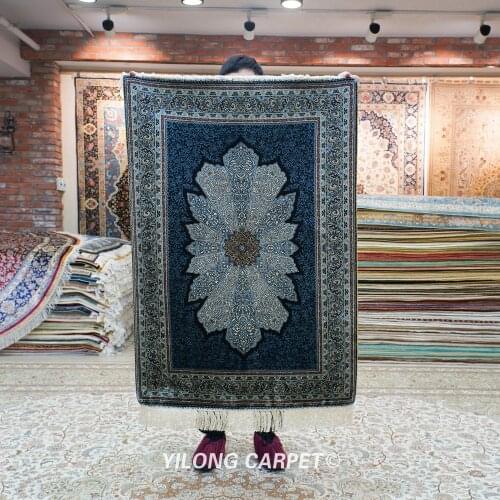 Yilong 2.7'x4' Tabriz silk carpet blue vantage turkish handmade silk rug (YWX148A)