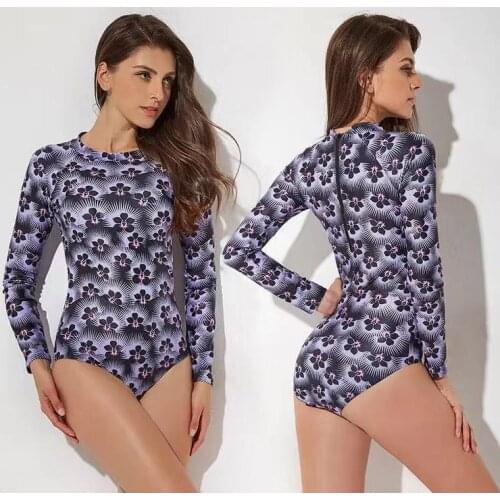 New Print One Piece Swimsuit Long Sleeve Swimwear Women Back Zipper Bathing Suit Retro Sport Bodysuit Surfing Swim Wear