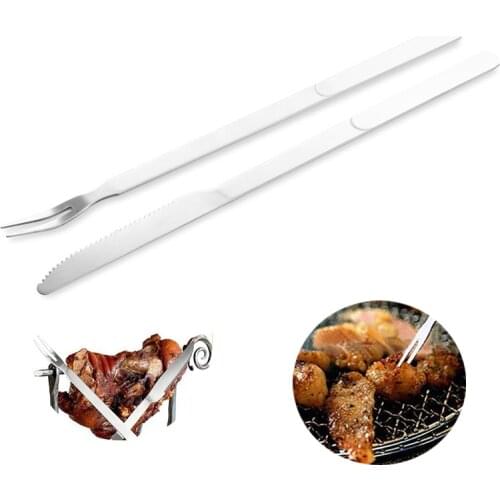 Stainless Steel Skewers Flat Meat BBQ Skewers Forks And Knives Outdoor BBQ Barbecue Grill Accessories Roasting Fork Espeto Inox