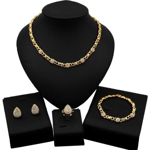 Yulaili Newest High Quality 18 Gold-plated Crystal XO-shaped Necklace Earrings Bracelet Ring Party Jewelry Sets Wholesale