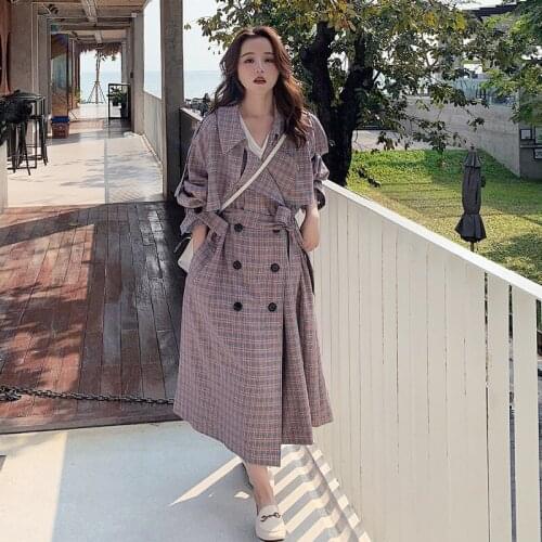 Womens Windbreaker Super Long Plaid Spring Autumn Korean Loose Over The Knee Ladies Cloak Simple Classic Trench Coat Female New