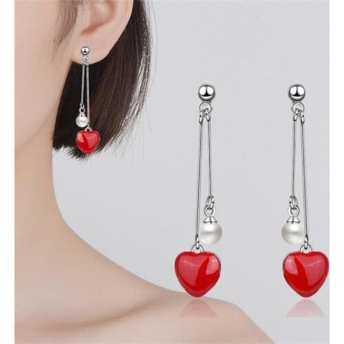KOFSAC Elegant Charm Silver 925 Stud Earrings For Women With Pearl Red Love heart Drop Wedding Earring Jewelry Best Girl Gift