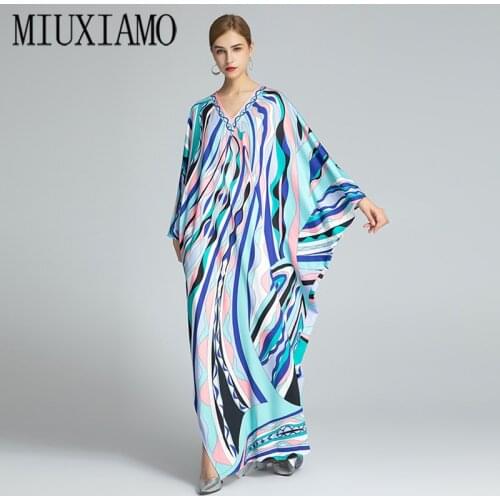 MIUXIMAO 2021 Bohemian Plus Size Dress V-neck Batwing Sleeve Maxi Dress Women Elastic Silk Floor Length New Fashion Kaftan Dress