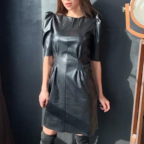 Women Vintage PU Puff Sleeve A-line Dress Office Lady O-Neck Solid Drawn back Elegant Dress 2020 Autumn New Fashion Mini Dress