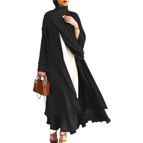 Women Dress Fashion Open Front Chiffon Double Layer Solid Color Belt Long Robe Femme Daily Life Dresses