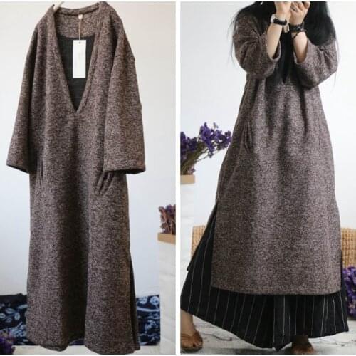 Women Vintage Loose Robe Dress V neck Warm Woollen Dress Female Retro Plus Size Dresses Ladies Winter Dresses 2019