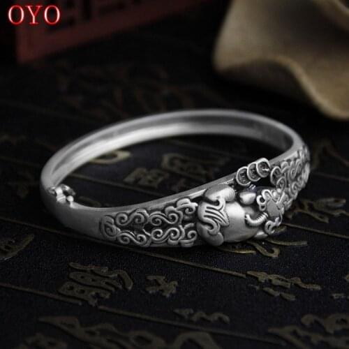 100% S999 pure silver vintage distressed matte auspicious clouds lucky Pixiu female open high-end sterling silver bracelet